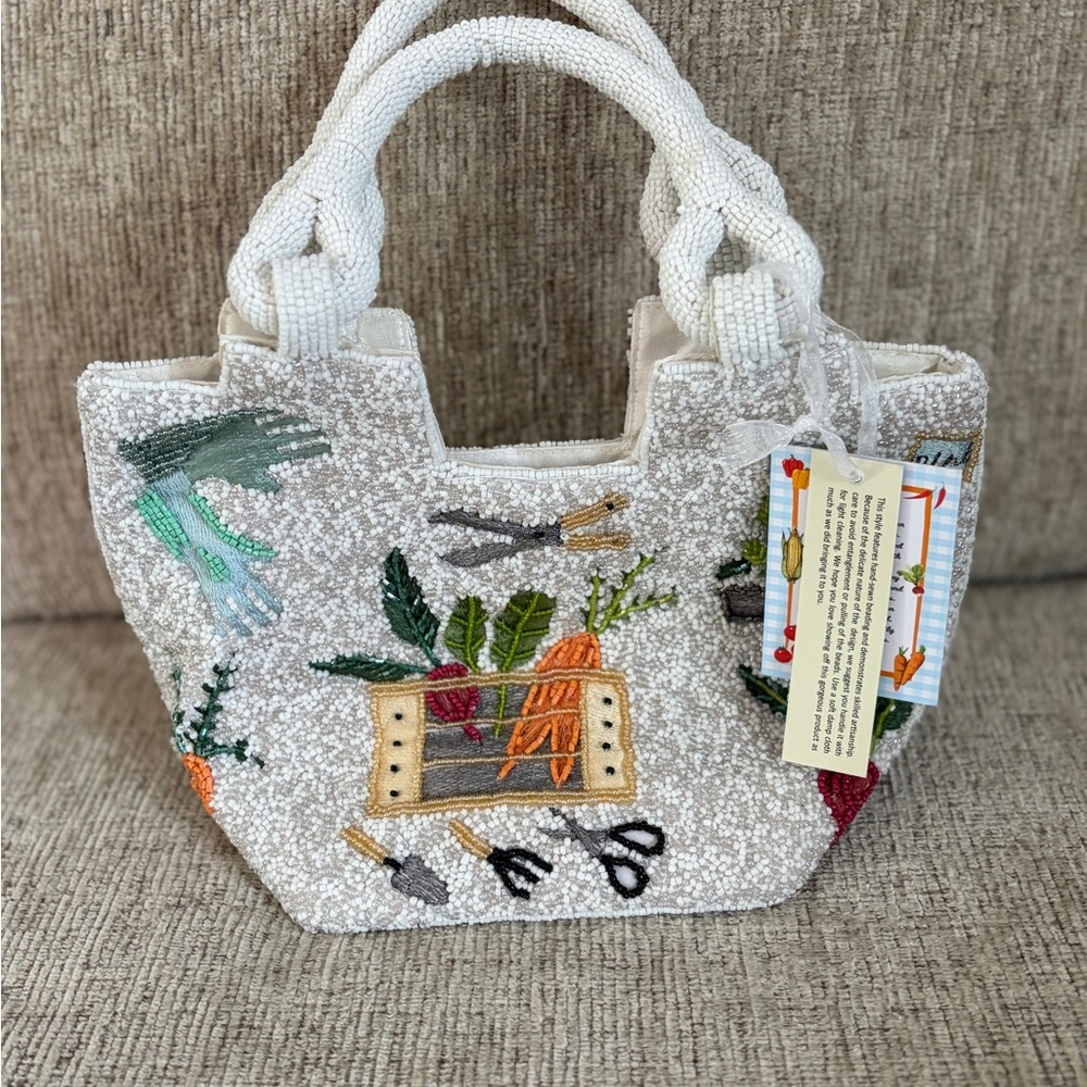 Beaded Garden Tote Bag - Cream Hand-Embroidered Design